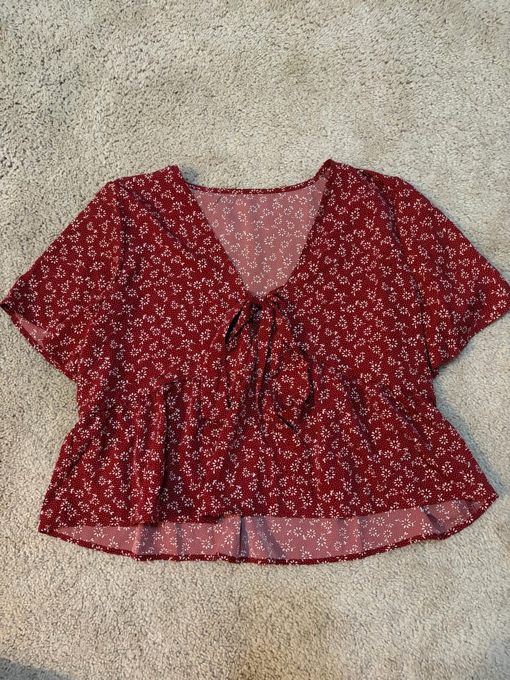 Tie-Front Floral Peplum Blouse in Wine Red
